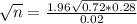 \sqrt{n} = \frac{1.96\sqrt{0.72*0.28}}{0.02}