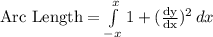 \text{Arc Length}=\int\limits^{x}_{-x} {1+(\frac{\text{dy}}{\text{dx}})^{2}} \, dx