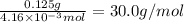 \frac{0.125g}{4.16 \times 10^{-3} mol} =30.0g/mol