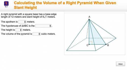 A right pyramid with a square base has a base edge length of 12 meters and slant height of 6 meters.