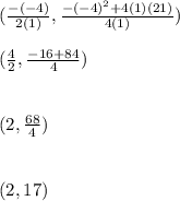 (\frac{-(-4)}{2(1)} ,\frac{-(-4)^2+4(1)(21)}{4(1)} )\\\\(\frac{4}{2} ,\frac{-16+84}{4} )\\\\\\(2 ,\frac{68}{4} )\\\\\\(2,17)