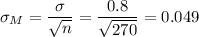 \sigma_M=\dfrac{\sigma}{\sqrt{n}}=\dfrac{0.8}{\sqrt{270}}=0.049