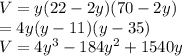V = y(22 -2y)(70-2y) \\= 4y(y -11)(y -35)\\V = 4y^3 -184y^2 +1540y