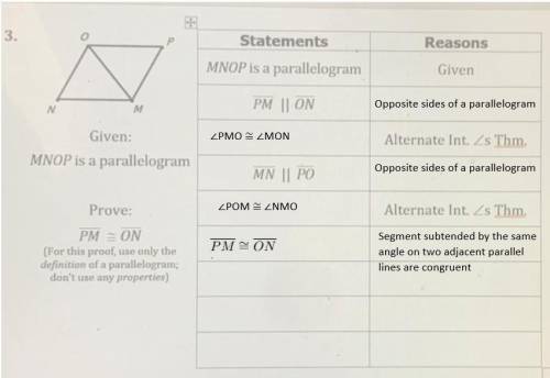 Given:

MNOP is a parallelogram
Prove:
PM  ON
(For this proof, use only the definition of a paralle