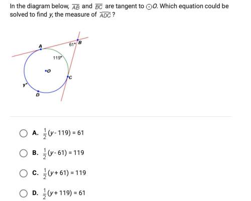 In the diagram below, ab and bc are tangent to o. which equation could be solved to find y, the meas