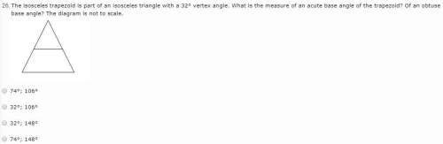 The isosceles trapezoid is part of an isosceles triangle with a 32° vertex angle. what is the measur