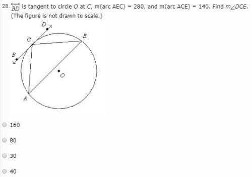 Bd is tangent to circle o at c, m(arc aec) = 280, and m(arc ace) = 140. find m (the figure is not dr
