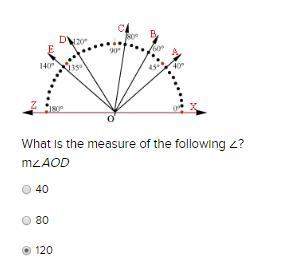 What is the measure for the following ∠?  m∠aox 20 40 60