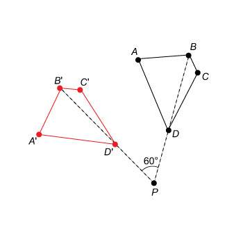 The polygon abcd was rotated 60° about point p as shown.  which best describes this rota