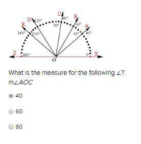 What is the measure for the following ∠?  m∠aoc 40 60 80