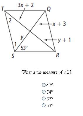 What is the measure of angle 2?  a) 47 degrees  b) 74 degrees  c) 37 degree