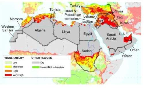 According to the map, which shows the vulnerability of areas in north africa and the middle east to