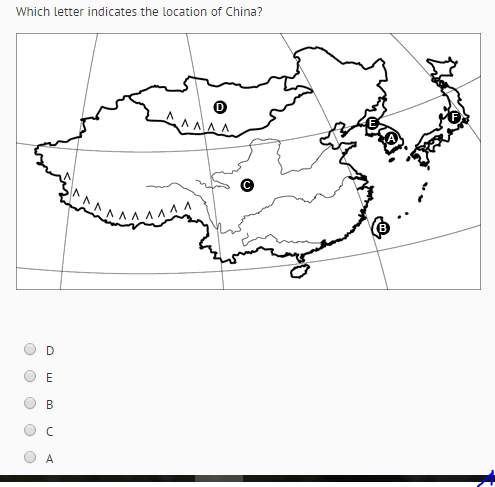 Which letter indicates the location of china