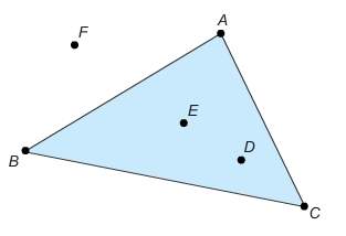 Nestor will rotate triangle abc 180° about one of the labeled points. nestor says, “the image