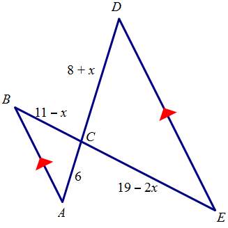 If abc ~ dec, solve for x. the image is not drawn to scale. a. x = 2 b.