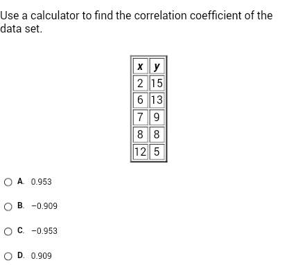 Use a calculator to find the correlation coefficient of the data set. provide detailed explan