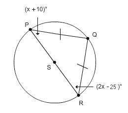 Find x. circle s with inscribed triangle pqr, side pr goes through point s, side pq is congrue