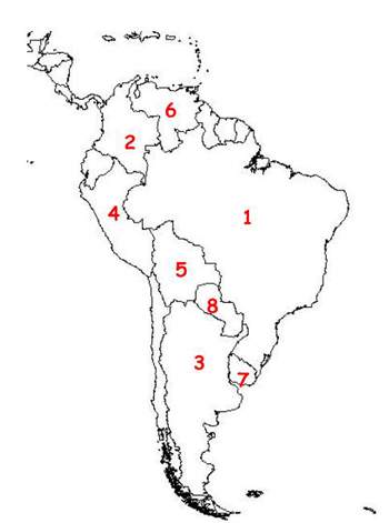 On the following map, the capital of country #6 is  a) bogota b) caracas