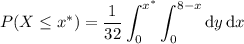 P(X\le x^*)=\displaystyle\frac1{32}\int_0^{x^*}\int_0^{8-x}\mathrm dy\,\mathrm dx