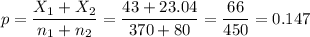 p=\dfrac{X_1+X_2}{n_1+n_2}=\dfrac{43+23.04}{370+80}=\dfrac{66}{450}=0.147