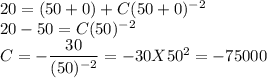 20=(50+0)+C(50+0)^{-2}\\20-50=C(50)^{-2}\\C=-\dfrac{30}{(50)^{-2}} =-30X50^2=-75000