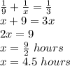 \frac{1}{9} +\frac{1}{x} =\frac{1}{3} \\x+9=3x\\2x=9\\x=\frac{9}{2} \,\,hours\\x = 4.5\,\,hours