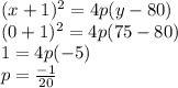 (x+1)^2=4p(y-80)\\(0+1)^2=4p(75-80)\\1=4p(-5)\\p=\frac{-1}{20}