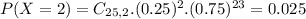 P(X = 2) = C_{25,2}.(0.25)^{2}.(0.75)^{23} = 0.025
