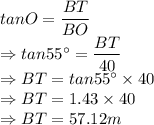tanO =\dfrac{BT}{BO}\\\Rightarrow tan55^\circ = \dfrac{BT}{40}\\\Rightarrow BT = tan55^\circ \times 40\\\Rightarrow BT =  1.43\times 40\\\Rightarrow BT = 57.12 m