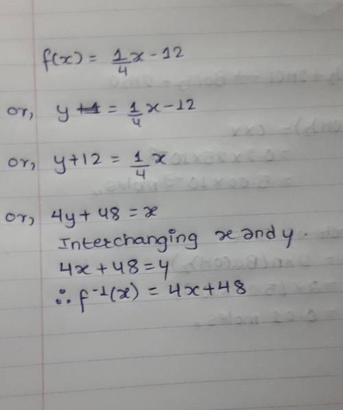What is the inverse of the function f(x) =1/4 x – 12?
