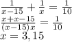 \frac{1}{x-15}+\frac{1}{x}=\frac{1}{10}\\\frac{x+x-15}{(x-15)x}=\frac{1}{10}\\x=3,15