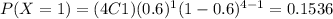 P(X=1)=(4C1)(0.6)^1 (1-0.6)^{4-1}=0.1536