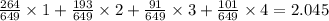 \frac{264}{649} \times 1 + \frac{193}{649} \times 2 + \frac{91}{649} \times 3 + \frac{101}{649} \times 4 = 2.045