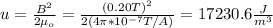 u=\frac{B^2}{2\mu_o}=\frac{(0.20T)^2}{2(4\pi*10^{-7}T/A)}=17230.6\frac{J}{m^3}