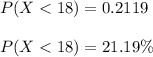 P(X < 18) = 0.2119\\\\P(X < 18) = 21.19 \%