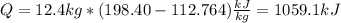 Q=12.4kg*(198.40-112.764)\frac{kJ}{kg} =1059.1kJ