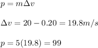 p=m\Delta v \\\\\Delta v=20-0.20=19.8m/s \\\\p=5(19.8)=99