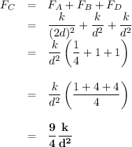 \begin{array}{rcl}F_{C} & = & F_{A} + F_{B} + F_{D}\\& = & \dfrac{k}{(2d)^{2}} + \dfrac{k}{d^{2}}  + \dfrac{k}{d^{2}}\\& = & \dfrac{k}{d^{2}}\left( \dfrac{1}{4} +1 + 1 \right)\\\\& = & \dfrac{k}{d^{2}}\left(\dfrac{1 + 4 + 4}{4} \right)\\\\& = & \mathbf{\dfrac{9}{4} \dfrac{k}{d^{2}}}\\\\\end{array}