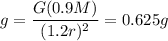 g=\dfrac{G(0.9M)}{(1.2r)^2}=0.625g