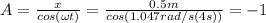A=\frac{x}{cos(\omega t)}=\frac{0.5m}{cos(1.047rad/s(4s))}=-1