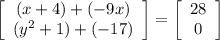 \left[\begin{array}{ccc}(x+4)+(-9x)\\(y^2+1)+(-17)\end{array}\right]=\left[\begin{array}{ccc}28\\0\end{array}\right]