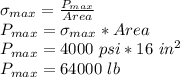 \sigma_{max}=\frac{P_{max}}{Area} \\P_{max}= \sigma_{max}*Area\\P_{max}=4000\ psi *16\ in^2\\P_{max}=64000\ lb