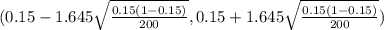 (  0.15-1.645 \sqrt{\frac{0.15(1-0.15)}{200} } , 0.15 +1.645 \sqrt{\frac{0.15(1-0.15)}{200} } )