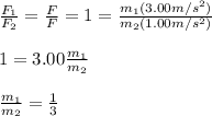 \frac{F_1}{F_2}=\frac{F}{F}=1=\frac{m_1(3.00m/s^2)}{m_2(1.00m/s^2)}\\\\1=3.00\frac{m_1}{m_2}\\\\\frac{m_1}{m_2}=\frac{1}{3}