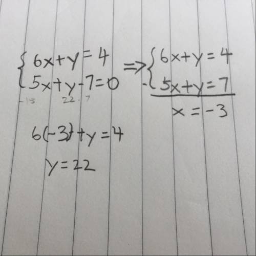 What is the value of the system determinant for the following system of equations? 6x+y=4 5x+y-7=0