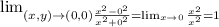 \lim_{(x,y)\to(0,0) \frac{x^2-0^2}{x^2+0^2} = \lim_{x\to 0}\frac{x^2}{x^2}= 1