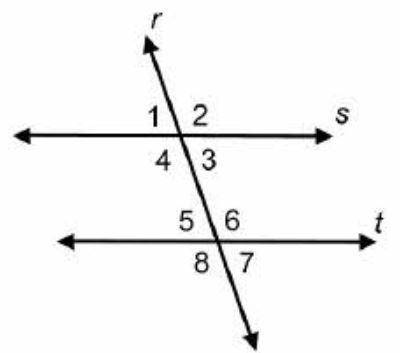 Parallel lines s and t are cut by a transversal r. Parallel lines s and t are cut by transversal r.