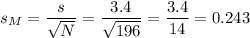 s_M=\dfrac{s}{\sqrt{N}}=\dfrac{3.4}{\sqrt{196}}=\dfrac{3.4}{14}=0.243