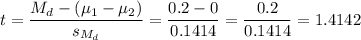 t=\dfrac{M_d-(\mu_1-\mu_2)}{s_{M_d}}=\dfrac{0.2-0}{0.1414}=\dfrac{0.2}{0.1414}=1.4142