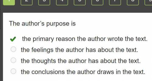 The author's purpose is

the primary reason the author wrote the text.
the feelings the author has a